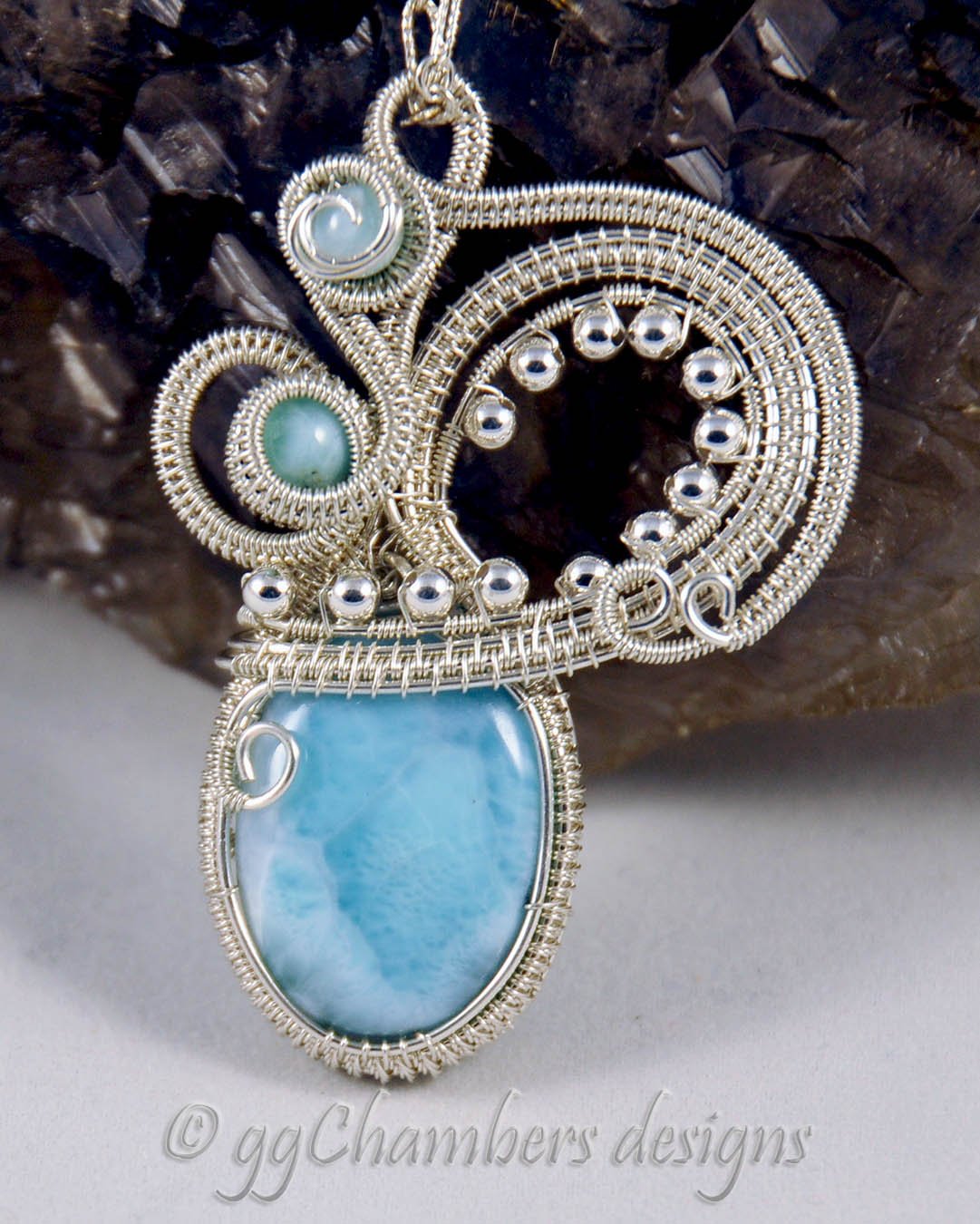 Woven Wire and Larimar Swans Neck Design Pendant