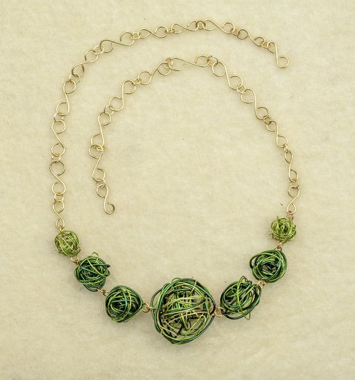 Nancy Chase's Canna Leaf Wire Tornado Bead Necklace - , Contemporary Wire Jewelry, Wire Wrapping, Wrapping, Wire Wrapping Jewelry, connect the chains to the ends of the necklace