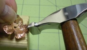 Judy Larson's Petal Forming on a Wood Block - , Metalwork, Dapping, Dapping Jewelry, Sawing, Saw, Wire Saw, Texturing, Design, Using TruStrike hammer to form petals